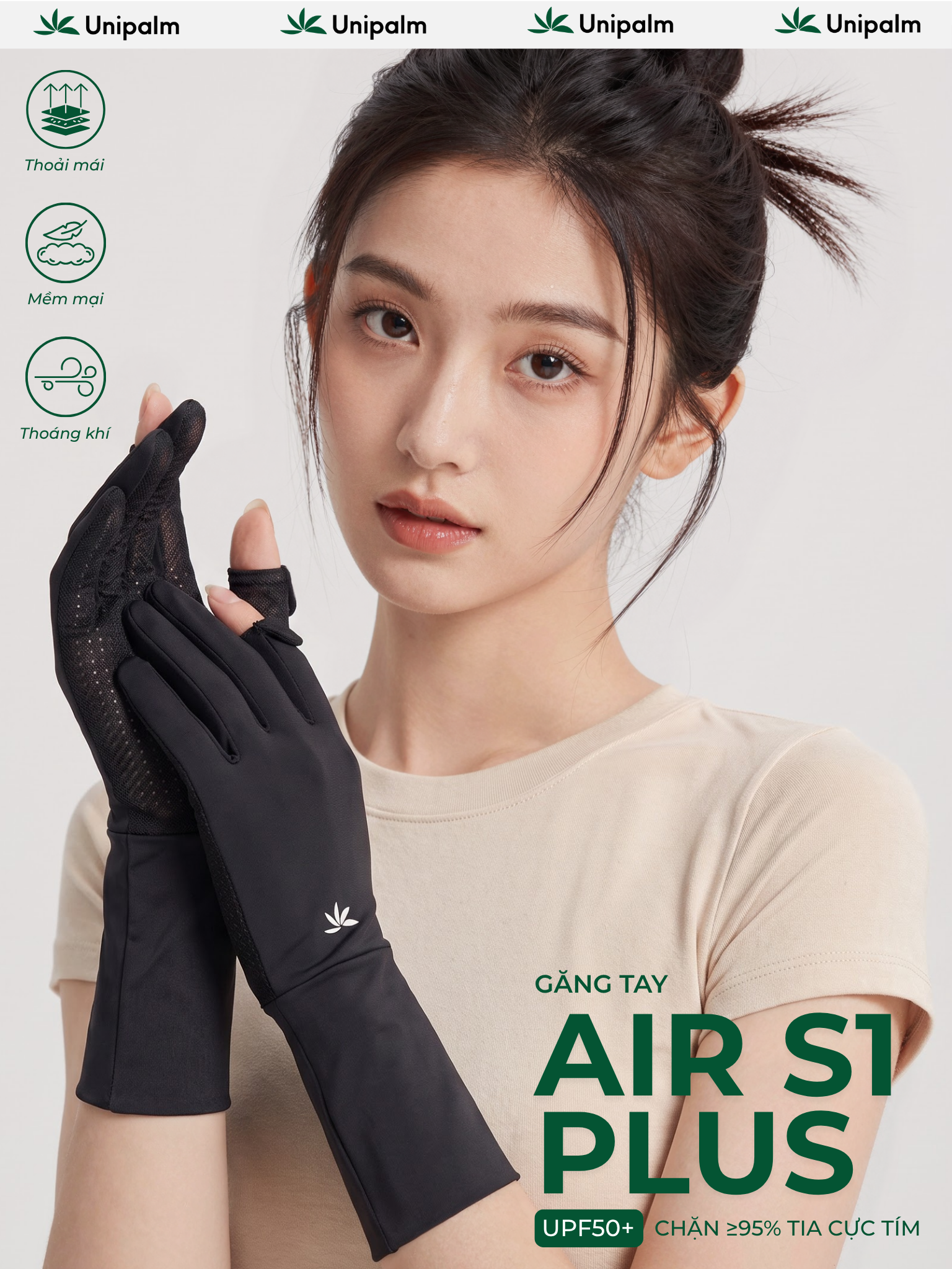 Găng tay chống nắng chống tia UV Unipalm Air S1 Plus cho nữ chạy xe vải lụa băng thoáng khí