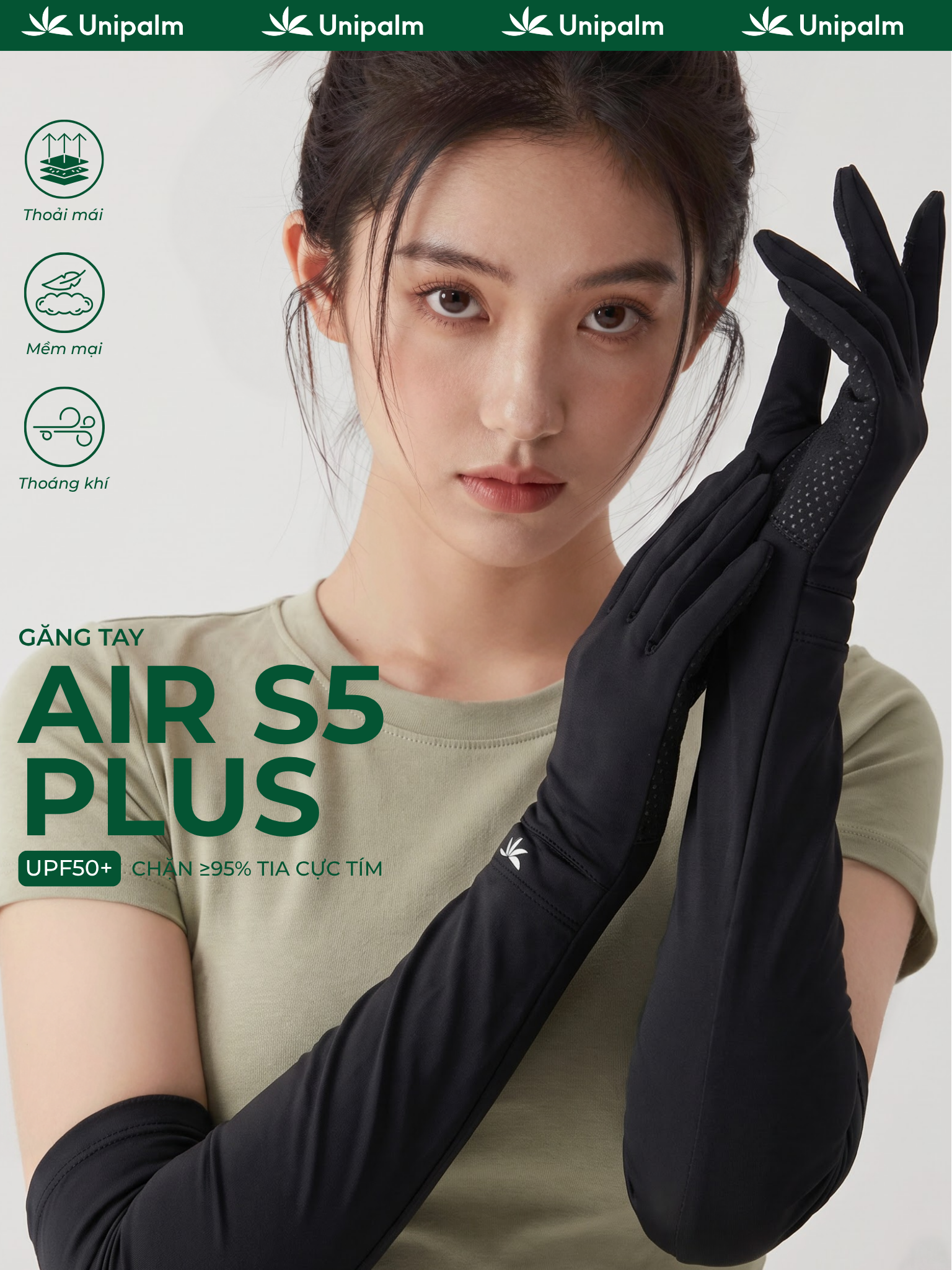 Găng tay chống nắng chống tia UV cho nữ Unipalm Air S5 Plus dáng dài UPF50+ lụa băng mát lạnh